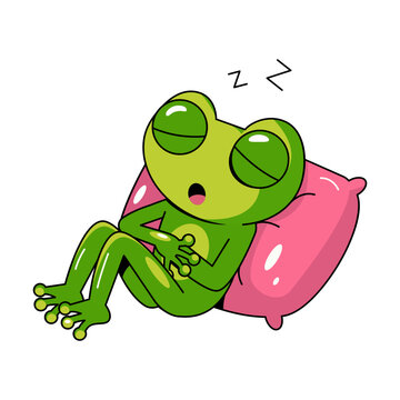 Sleeping frog cuddling a soft pink pillow in a peaceful resting pose.