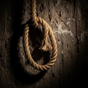 A thick fiber rope hangs with a loop against a dark, textured wall. Dim lighting creates dramatic shadows on the weathered rustic surface, knot, vintage, vertical