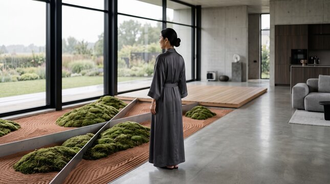 Woman in Meditation Room with Zen Garden and Natural Light
