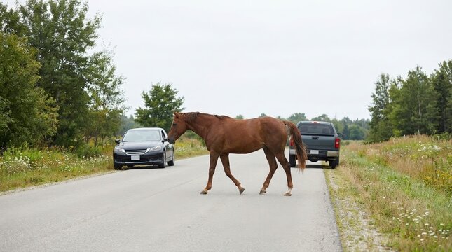 Brown horse crossing a paved country road. Cars and a pickup truck stopped in traffic to let the animal pass in a rural landscape