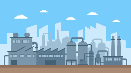 Fototapeta premium Modern Industrial Factory Complex with Manufacturing Buildings, Storage Tanks, Pipes and Chimneys Under Bright Blue Sky, Clean Flat Vector Production Landscape