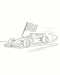 Obraz premium Minimalist line art illustration of a Formula 1 racing car speeding past the checkered flag. Clean vector outline with red accents, perfect for sport designs.