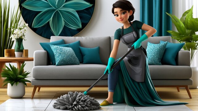 A cheerful woman wearing an apron and gloves mops the clean floor in a cozy living room background, highlighting themes of domestic responsibility and home maintenance.