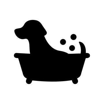 Black silhouette dog taking a bath in tub - Minimalist black and white icon of a dog enjoying a bath in a simple tub with bubbles
