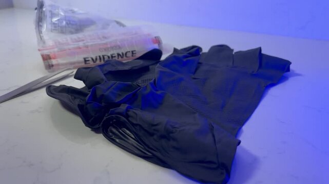 forensics evidence crime scene with evidence bags and gloves
