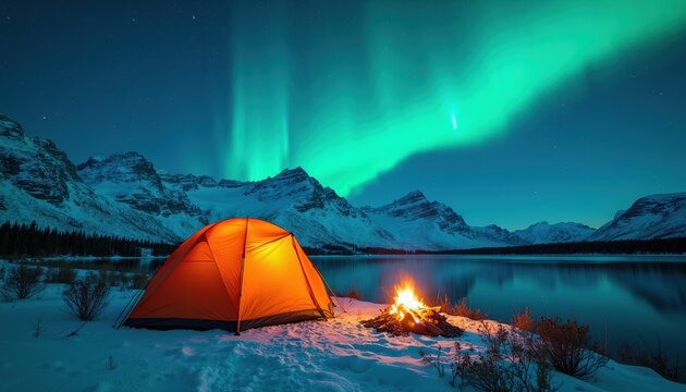 Orange tent and campfire glow on snowy shore by calm lake. Snow covered mountains rise behind dark pine forest. Bright green aurora borealis dances in starry night sky.