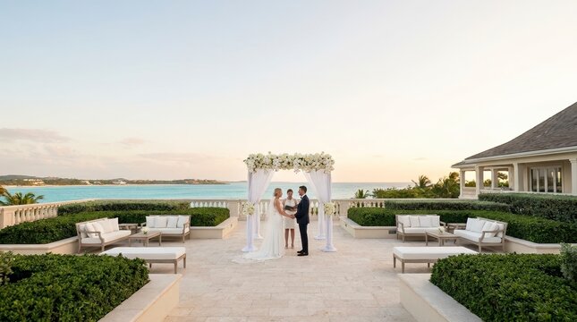 Sunset wedding ceremony on a luxury villa terrace. Bride and groom under a white floral arch overlooking the ocean. Upscale resort destination wedding
