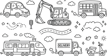 Fototapeta premium Transportation and Vehicles Vector Icon Set featuring Excavator School Bus Train Delivery Truck Scooter and Car for Kids Coloring Pages