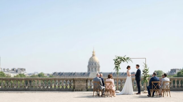 Destination wedding ceremony on a stone terrace in Paris. Bride and groom under a floral arch with a historic golden dome landmark in the background