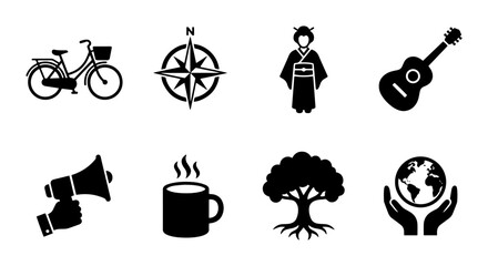Diverse Icon Set: Bicycle, Compass, Geisha, Guitar, Megaphone, Coffee, Tree, Earth Globe Icons. Vector Graphics for Lifestyle, Travel, Culture, and Environment Themes. © Rahmatul