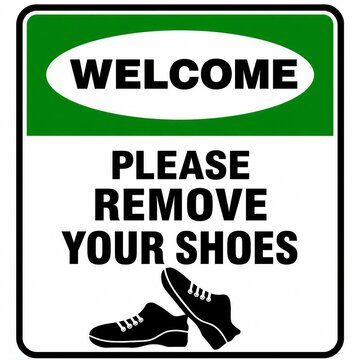 Welcome sign asking to remove shoes with shoe icon