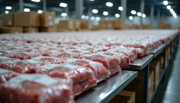 Rows of packaged raw meat products on shelves in a large, modern warehouse. Boxes stacked in background, conveyor belts or tables for processing. Industrial food production and storage.