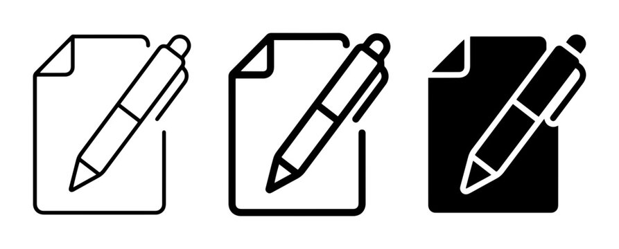 Writing Icons Set, Pen and Paper Symbols, Edit and Sign Documents, Vector Graphics