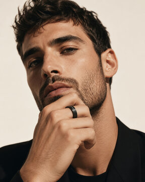 Young man wearing an AI smart ring with biometric health monitoring, wearable technology for wellness tracking and next generation connected lifestyle portrait