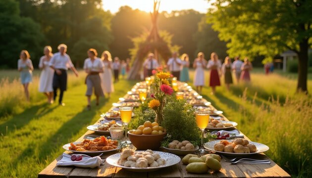 People gather for outdoor summer feast by long table filled with food and drinks. Adults and children enjoy sunlit meal in grassy field. Festive atmosphere with nature background.