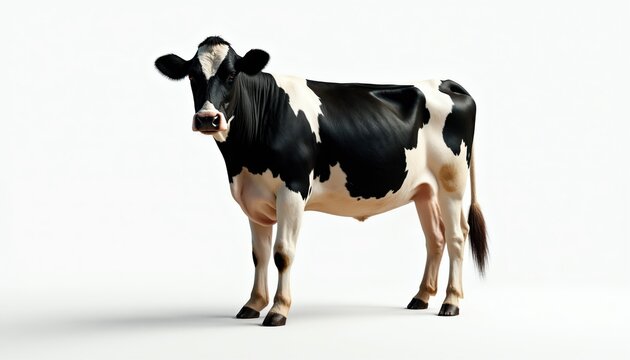 Black and white spotted cow stands still on a clean white background. Dairy cattle has black horns and dark tail. Farm animal looks at camera. Rural farm cow.