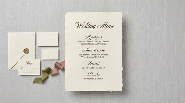 Wedding menu card flat lay with calligraphy. Elegant deckled edge menu mockup with RSVP card and wax seal envelope. Table setting stationery on grey background