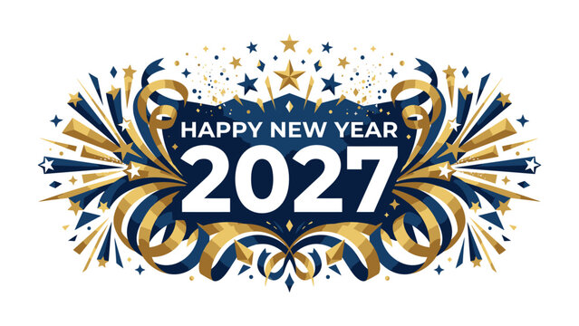 Happy New Year 2027 Celebration Banner: A vibrant and festive banner proclaiming Happy New Year 2027 surrounded by exploding fireworks, shimmering stars.
