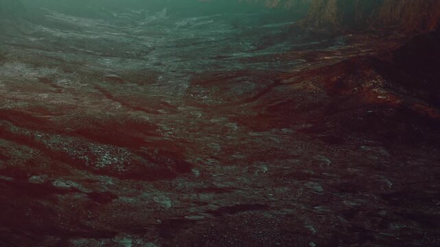 The scene shows a dark landscape with uneven ground. There are patches of dry soil and some sparse vegetation. Distant trees appear under a hazy sky, creating a sense of depth.