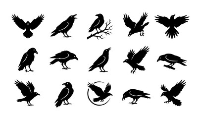 Obraz premium Raven Silhouette Collection: 15 Vector Icons for Gothic and Mystical Designs, Bird Graphics
