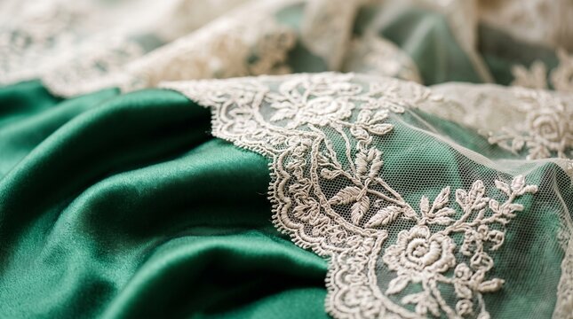 Elegant Close-up of Rich Emerald Green Silk Fabric Draped with Intricate White Floral Lace Trim, Highlighting Luxurious Texture, Soft Lighting, and Detailed Textile Craftsmanship