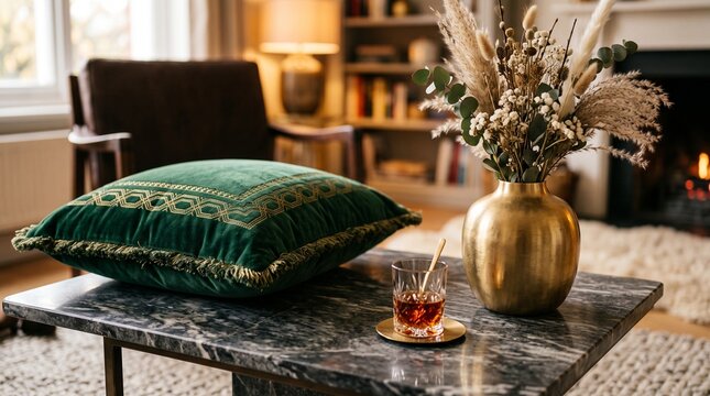 A Luxurious Cozy Living Room Setting Featuring a Plush Deep Green Velvet Pillow on a Sleek Marble Coffee Table with a Golden Vase of Dried Flowers and a Glass of Amber Liquid Near a Fireplace