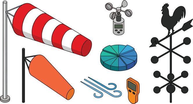 Isometric Weather and Wind Measurement Instrument Vector Icon Set with Windsock Anemometer Weather Vane and Meteorological Device Designs