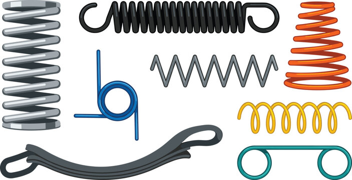 Metal Springs Vector Icon Set with Compression Extension Torsion Conical and Leaf Spring Elements for Industrial Mechanical Engineering Designs