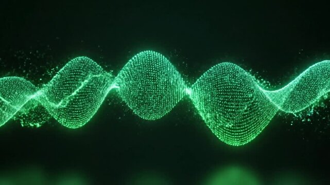 Glowing green particles form a wavy pattern on a dark background with a futuristic and technological feel.