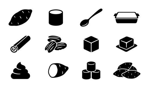 Sweet Potato Ingredients Vector Icons: Yam, Marshmallows, Pecans, Cinnamon, Butter, Baking Dish, Spoon, Cubes