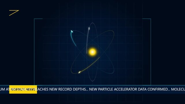 Scientific animation of an atom with orbiting particles in a grid display