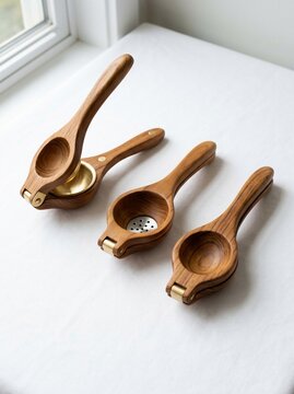 wooden citrus juicers on white background