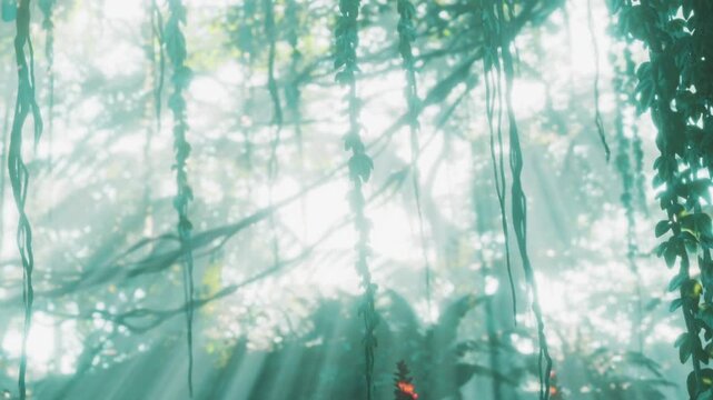 Sunlight filters through tall trees in a dense forest. Leaves and vines hang from branches. The light creates a bright atmosphere. Nature surrounds everything in sight.