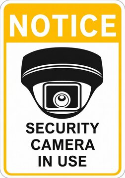 Notice sign indicating security camera in use with surveillance camera icon