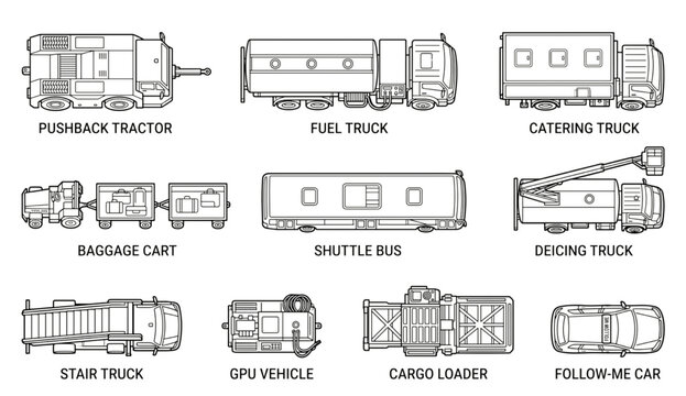 Top view, Airport Ground Support Vehicles Vector Collection &ndash; Pushback Tractor, Fuel Truck, Catering Truck, Baggage Cart, Shuttle Bus, Deicing Truck, Stair Truck, GPU Unit, Cargo Loader. Isolated Set
