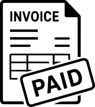 Invoice document icon with paid rubber stamp in a clean minimalist black and white flat vector style
