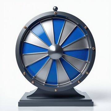 Prize wheel with blue and silver sections on dark base. Symbol of chance, luck, or game choice. Used for selection, award, or decision making. This represents luck and fortune.