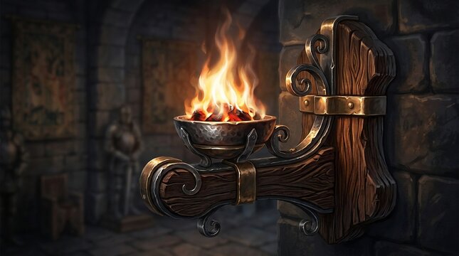 Medieval wall torch with burning fire in stone castle interior