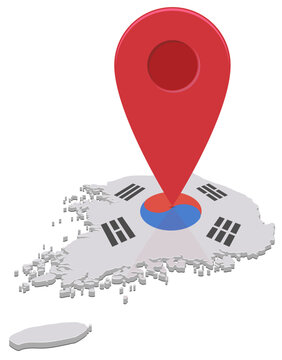 3D isometric map of South Korea textured with national flag and a large red pointer mark representing travel destination, geographic coordinate and localization logistics (cut out)