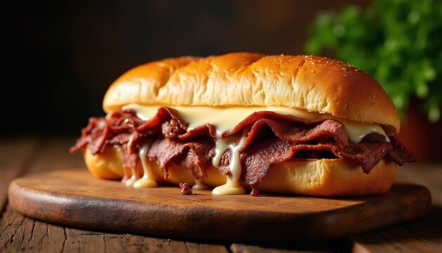 Hearty French dip sandwich on a bun with melted cheese and savory roast beef slices. Served on a wooden board, ready for dipping in au jus sauce.