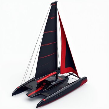 Sleek black racing catamaran with red accents and sails. Modern multihull vessel on white background. Aerodynamic design for speed and performance on water.