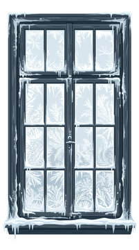 Frozen window pane with frost patterns winter season cold weather
