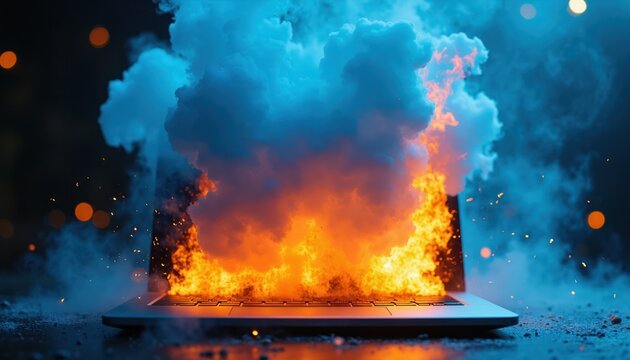 Laptop computer explodes in intense fire and smoke. Device bursts into flames on a dark surface with bokeh lights in background. Digital tech failure concept.