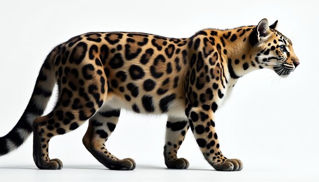 Clouded leopard walks sideways against white background. Spotted wild cat has distinctive coat pattern. Elegant feline moves with grace and stealth.