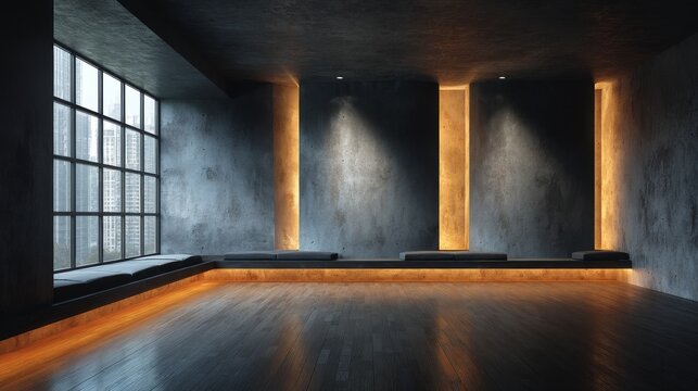 A serene, empty loft space with concrete walls and warm ambient lighting provides a calm background for urban relaxation.