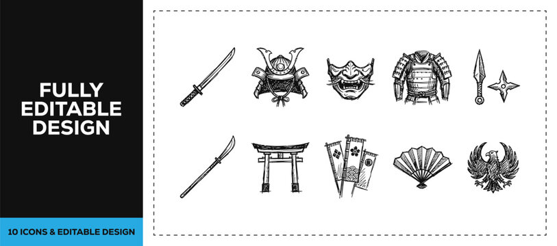 Black ink scribble hand drawn ninja and samurai gear icon set featuring hand drawn doodle sketch vector illustrations of katana and mask for combat sports and boutique branding.