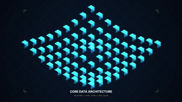 Abstract Digital Data Visualization with Moving Isometric Blue Cubes