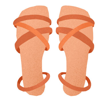 Raster illustration of orange strappy wrap sandals with grainy texture effect. Stylish summer footwear with elegant thin straps isolated on white background, ideal for vacation graphics