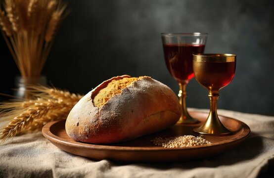 Freshly baked bread and red wine served in glasses. Wheat stalks and grains surround the religious symbols, signifying communion sacrament. A solemn feast is prepared.