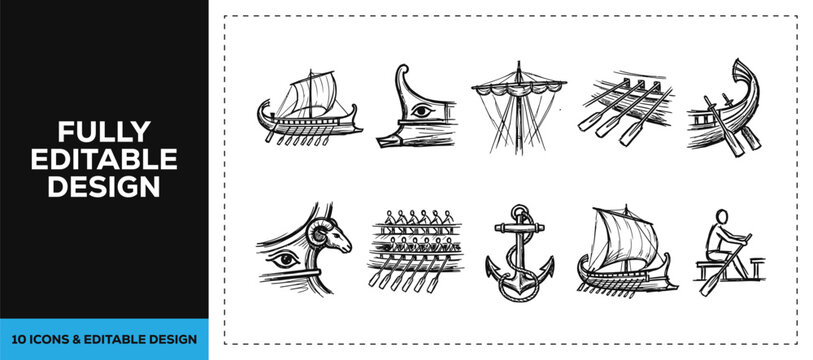 Black ink scribble hand drawn ancient greek ships icon set bundle featuring hand drawn doodle sketch vector illustrations of trireme for marine history and museum branding art.